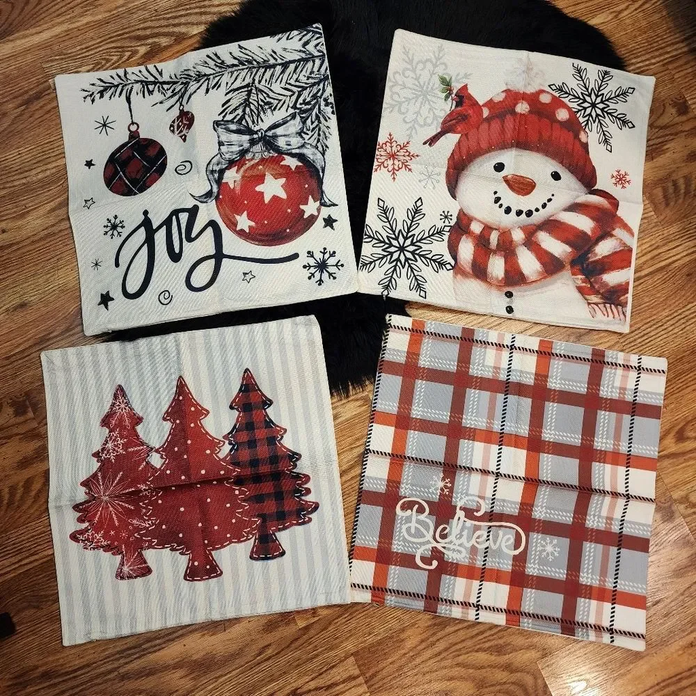 Set of 4 Throw Pillow Covers Snowman, Joy, Believe, Christmas Trees 18